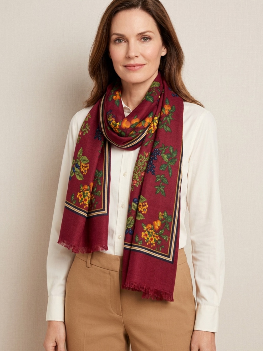 🆕 Talbots Burgundy Wrap Pashmina Scarf Fall Fruit Floral Stripe Long Oversized